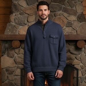 Alex Cannon Elbow Patch Suede Sweater Men's Large Navy Pullover Cotton Travel